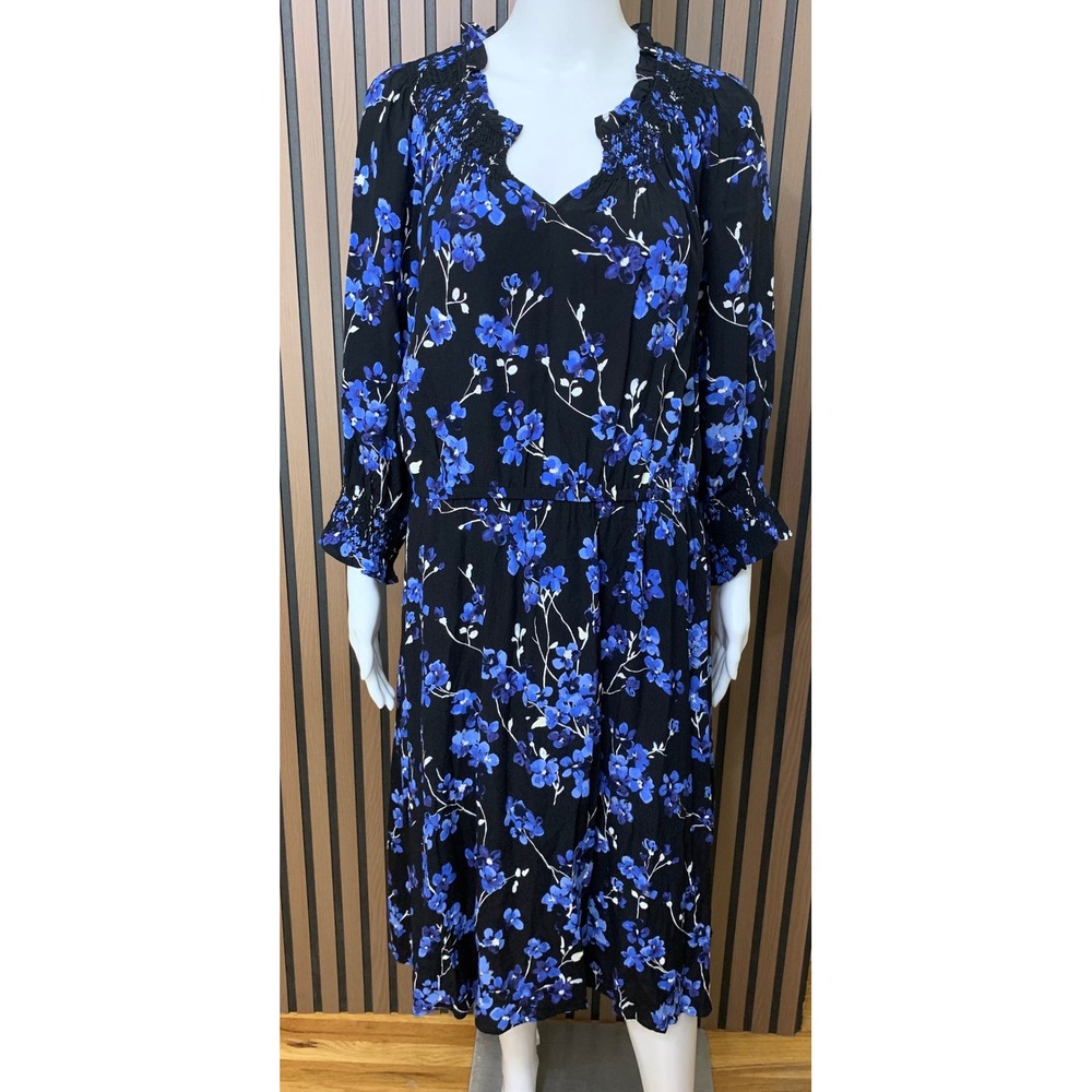Talbots Petite Blue Floral Smocked Midi Dress Black Viscose Long Sleeve LP